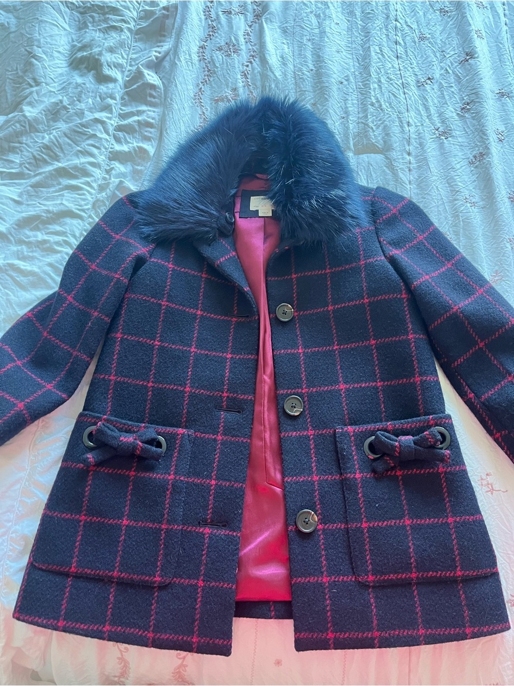 Crewcuts Navy Plaid Pea Coat with Pink Windowpane and Faux Fur Collar